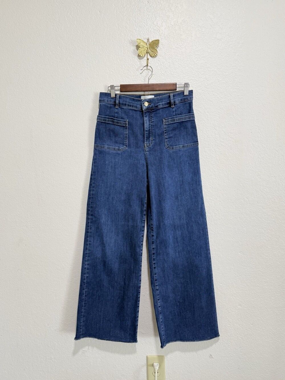 FRAME Le Slim Palazzo Jeans Womens Sz 31 Blue High Rise Wide Leg Raw Hem Cursive